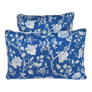1980's Blue Bird Floral Chinoiserie Decorative Pillows-Set of Two For Sale