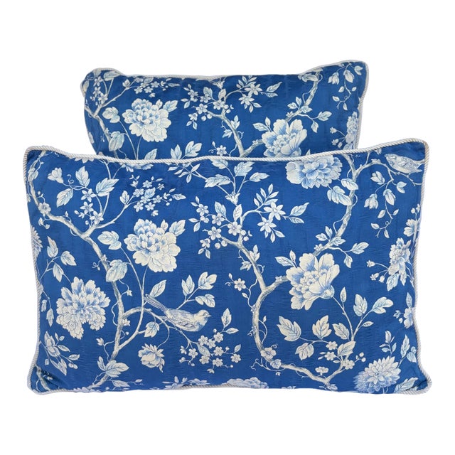 1980's Blue Bird Floral Chinoiserie Decorative Pillows-Set of Two For Sale
