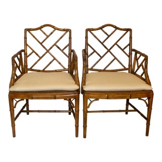 1950s Palm Beach-Style Faux-Bamboo Arm Chairs With Chinese Chippendale Fretwork - a Pair For Sale