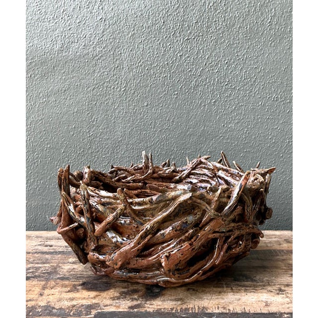 Vintage Rustic Brown Ceramic Twig Bowl For Sale - Image 13 of 13