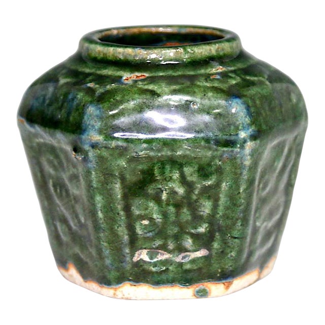 Antique Chinese Hexagonal Shiwan Green Stoneware Jar or Vase