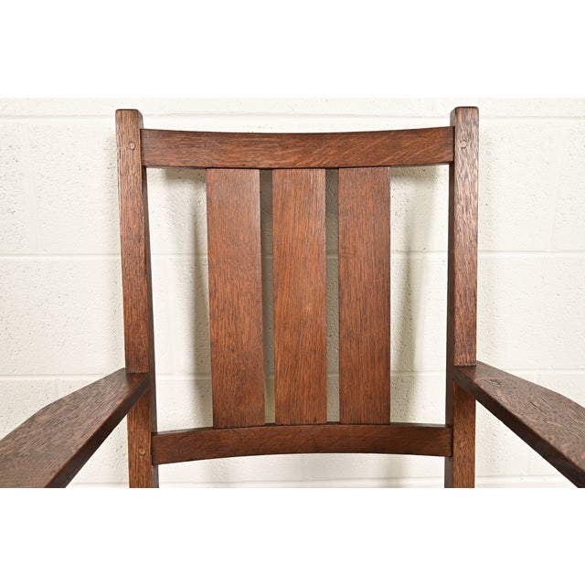 Wood Gustav Stickley Harvey Ellis Antique Mission Oak Arts & Crafts Armchairs, Pair For Sale - Image 7 of 13