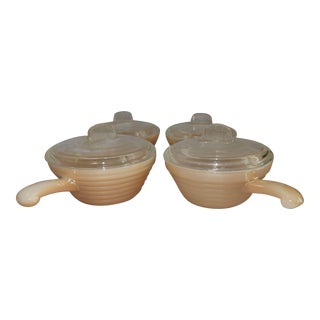 Vintage Fire King Peach Luster Beehive Ovenware Handled Soup Bowl With Lid Set of 4 - Beehive Design For Sale