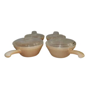 Vintage Fire King Peach Luster Beehive Ovenware Handled Soup Bowl With Lid Set of 4 - Beehive Design