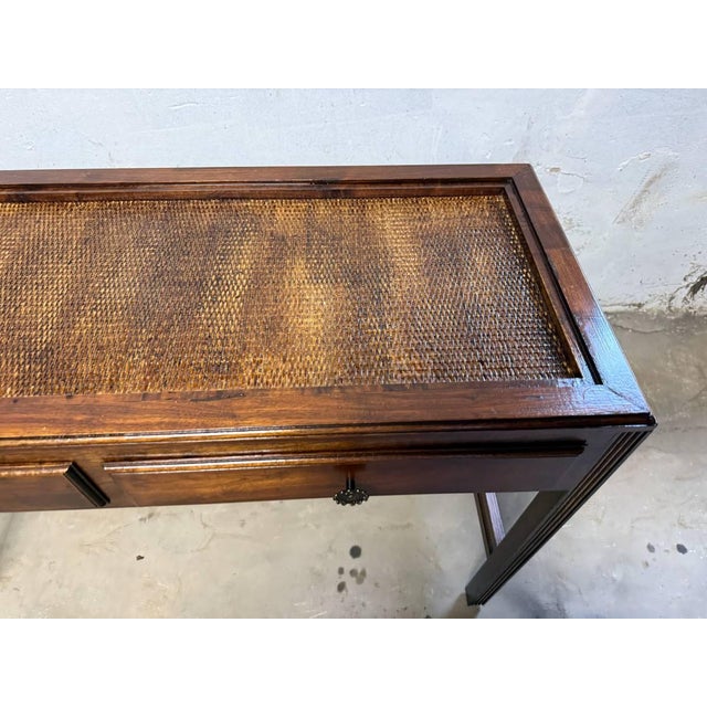 Mid 20th Century Vintage Chinioiserie Style Glass Rattan Top 2 Tier Console Table Desk For Sale - Image 5 of 14