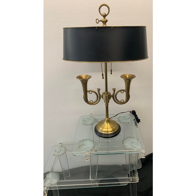 Vintage Brass Dual French Horn Bouillotte Lamp Adjustable Black Tole Shade For Sale In Los Angeles - Image 6 of 7