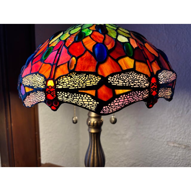 Mid 20th Century Styled After Tiffany Leaded Stained Glass Dragonfly Table Lamp For Sale - Image 6 of 11