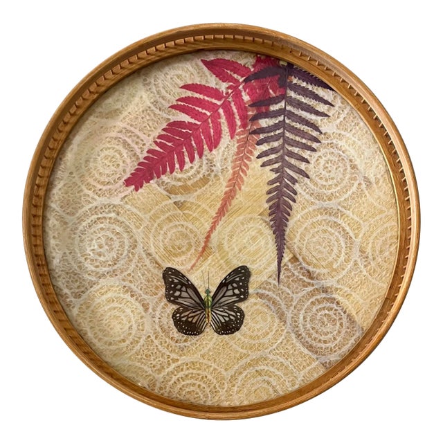 1970s Boho Chic Pressed Butterfly Bamboo Tray For Sale