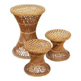 Trio of Hourglass Wicker Ottomans For Sale