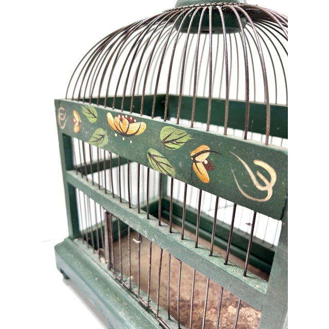 Antique Hand-Painted Green Wood and Wire Birdcage For Sale In Louisville - Image 6 of 11