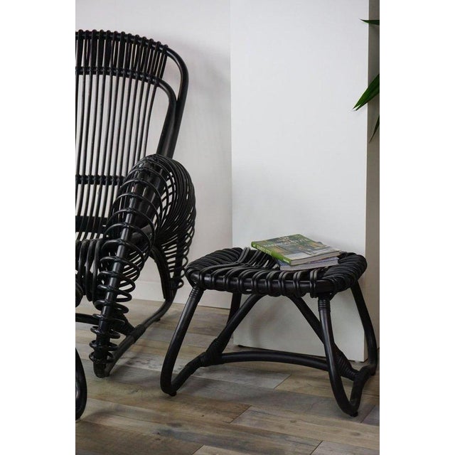 Set of Black Lacquered Rattan Lounge Chair with Ottoman For Sale - Image 5 of 11