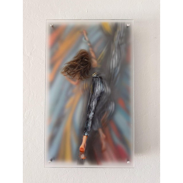 This artwork features a figure in motion, captured mid-dance with flowing hair and dynamic striped attire, set against a...
