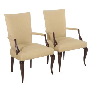 Pair of Barbara Barry for Baker Upholstered and Black Lacquer Arm Chairs For Sale