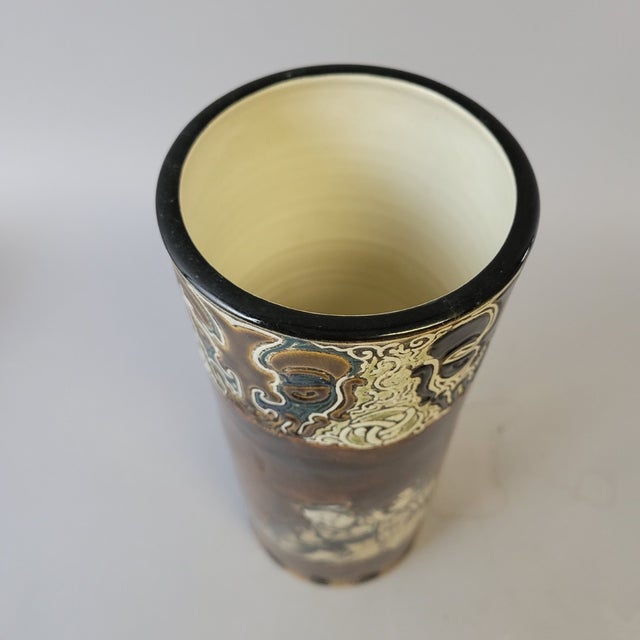 Meiji Japanese Brown-Glazed Brush Pot With Humorous Figural Scenes For Sale In Raleigh - Image 6 of 11