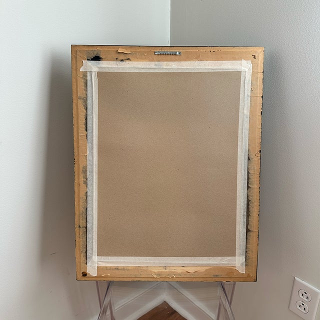 A somber, folk-style figurative painting depicting an adult and child with hands clasped in prayer. The figures appear...