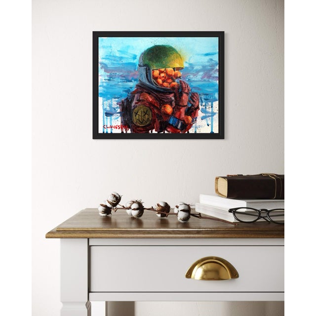 This artwork depicts a space explorer, adorned in a vibrant helmet and suit, with an unusual twist: their face is obscured...