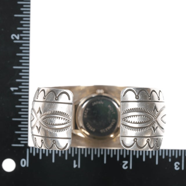 Silver 6.5" Carson Blackgoat Navajo sterling watch cuff bracelet hand stamped For Sale - Image 8 of 10