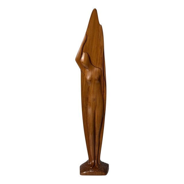 Large Mid-Century Hand-Carved Sculpture of a Woman with Boat and Paddle, 1960s, Teak For Sale