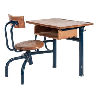 Vintage Antique Wood & Metal Child’s School Desk and Chair in the Style of Jean Prouvé For Sale