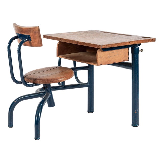 Vintage Antique Wood & Metal Child’s School Desk and Chair in the Style of Jean Prouvé For Sale