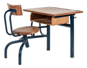 Vintage Antique Wood & Metal Child’s School Desk and Chair in the Style of Jean Prouvé