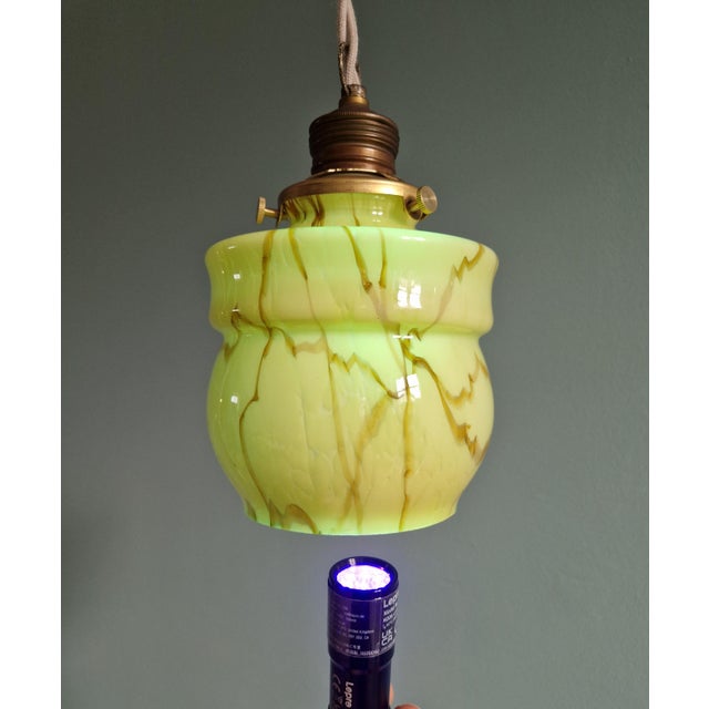Beige Art Deco Pendant Lights in Opaline and Marbled Uranium Glass from Scailmont, Belgium, 1930s, Set of 3 For Sale - Image 8 of 18
