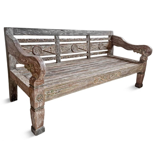 Vintage Washed Teak Carved Outdoor / Indoor Bench For Sale - Image 4 of 9
