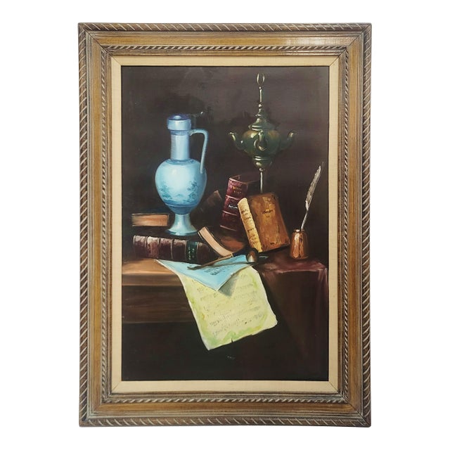 Vintage 20th C Framed Oil on Canvas Music Books & Scroll Still Life Painting by Coral For Sale