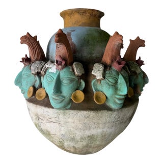 Large Early 20th Century Mayan-Style Terracotta Vessel Sculpture With Figural Head Motif For Sale