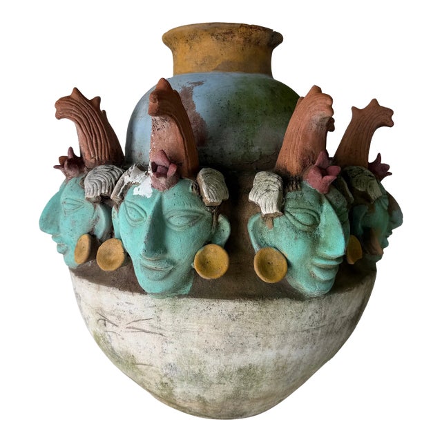 Large Early 20th Century Mayan-Style Terracotta Vessel Sculpture With Figural Head Motif For Sale