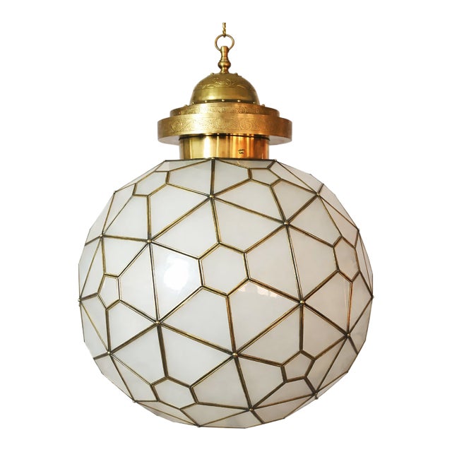 Vintage Art Deco Style Milk Glass & Brass Chandelier For Sale