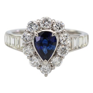 Gia Certified Platinum 900 Blue Sapphire and Natural Diamond Ring, Size 6.25 For Sale