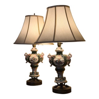 Pair of Vintage Floral Porcelain Table Lamps With Reticulated Bodies and Ornate Metal Bases For Sale