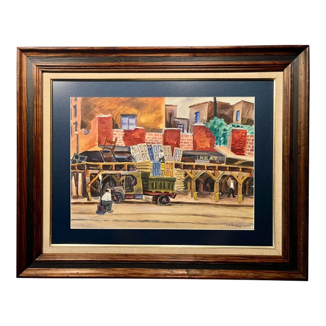Circa 1930s Edwin Kaufman Original Watercolor Nyc Demolition Scene Framed Signed For Sale
