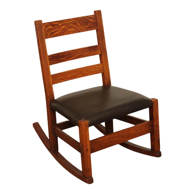 Mission Antique Oak and Leather Children's Rocking Chair For Sale