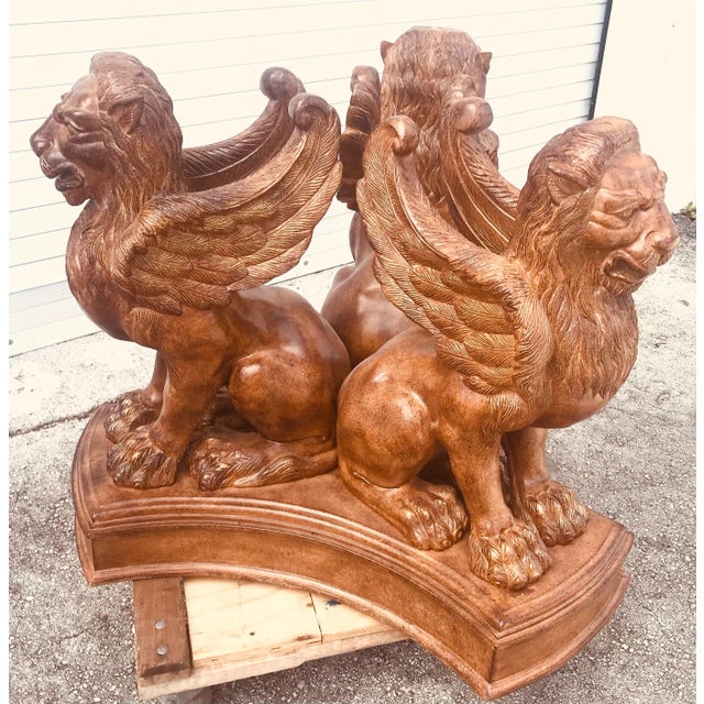 Brown 1980s Three Griffins Table Base With Heavy Glass Top For Sale - Image 8 of 9
