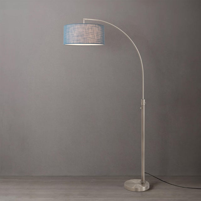 Nova Nova Float Contemporary Chairside Arc Floor Lamp - Satin Nickel Finish Steel Base, Turquoise Linen Drum Shade, Dimmable, 75 Inch Modern Statement Lamp For Sale - Image 4 of 8