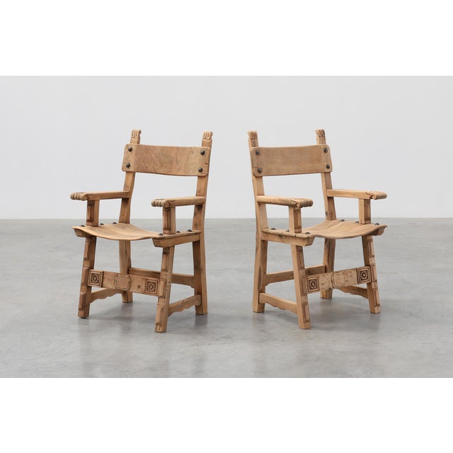 Brutalist Armchairs with Carved Rosettes and Nailed Wooden Seats, Spain, 1950s, Set of 2 For Sale - Image 12 of 12