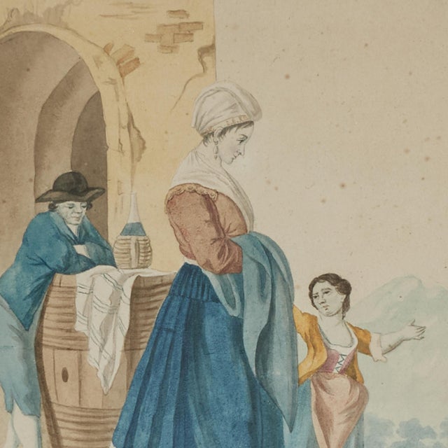 Paint Pair of Antique Watercolors of Figures in Torre Del Greco Italy For Sale - Image 7 of 18