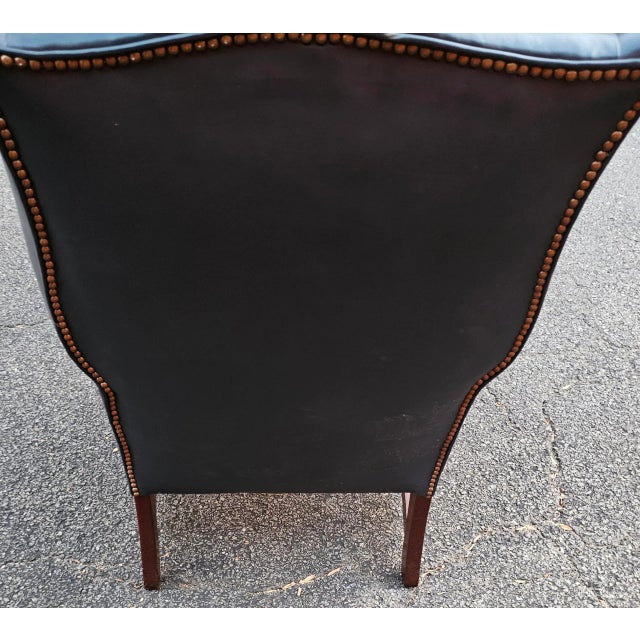 Blue Vintage Blue Tufted Leather Wing Chair and Ottoman by Classic Leather For Sale - Image 8 of 10
