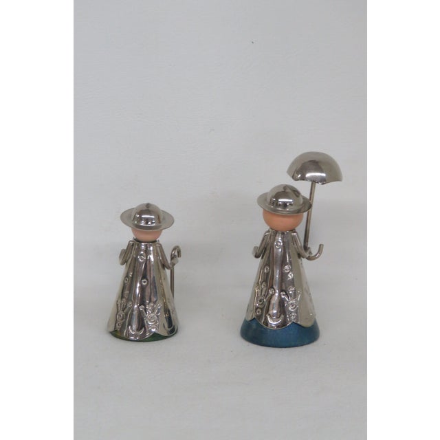 Pair of 2 Wood and Metal Folk Art Figurines Couple With Umbrella and Cane 4871b For Sale - Image 4 of 13