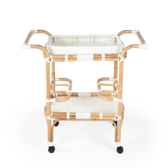 2020s Selena 34.5 in. W Rectangular Rattan 2 Tier Mobile Removeable Top Bar Cart with Bottle Holders, Smooth White For Sale - Image 5 of 9