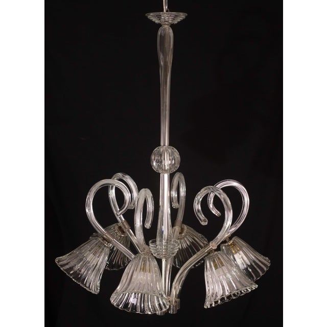Chrome 1950s 6 Light Art Deco Murano Glass and Brass Chrome Chandelier Attributed to Barovier & Toso For Sale - Image 8 of 12