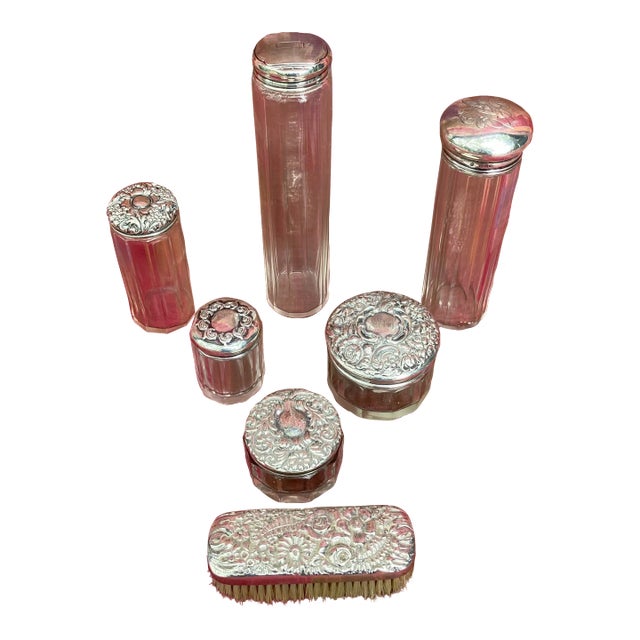 Antique Sterling &Crystal Dresser Set For Sale