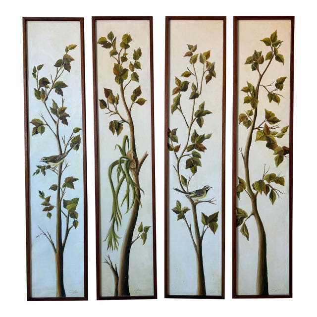 1970’s Vintage Heon Tropical Botanical and Bird Oil on Canvas Paintings – Set of 4 Panels For Sale