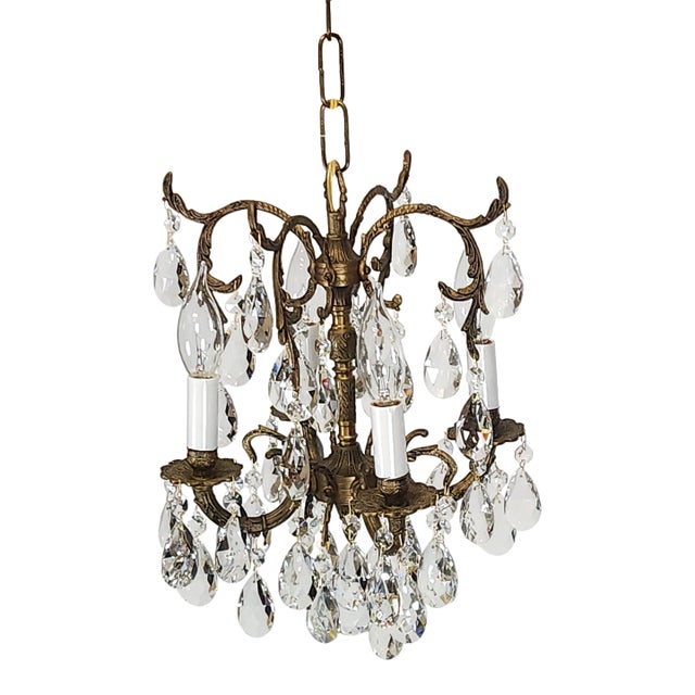 Antique 4 Arm 4 Light Lovely Lavish Brass Cut Lead Glass Crystal Chandelier For Sale