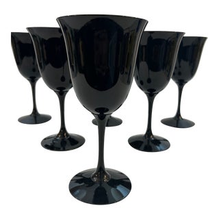 Black Glass Stemmed Drinking Glasses Set of 6 For Sale