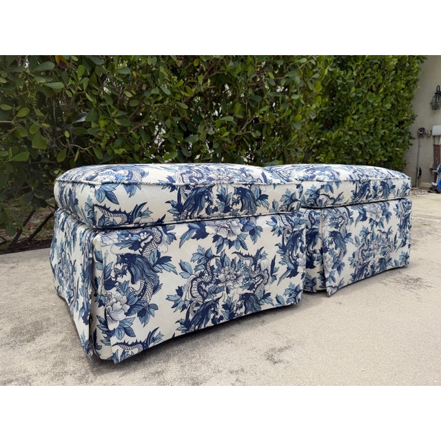 Baker Furniture Company Vintage Baker Ottomans Upholstered in Ralph Lauren Nanking Dragon Fabric, a Pair For Sale - Image 4 of 15