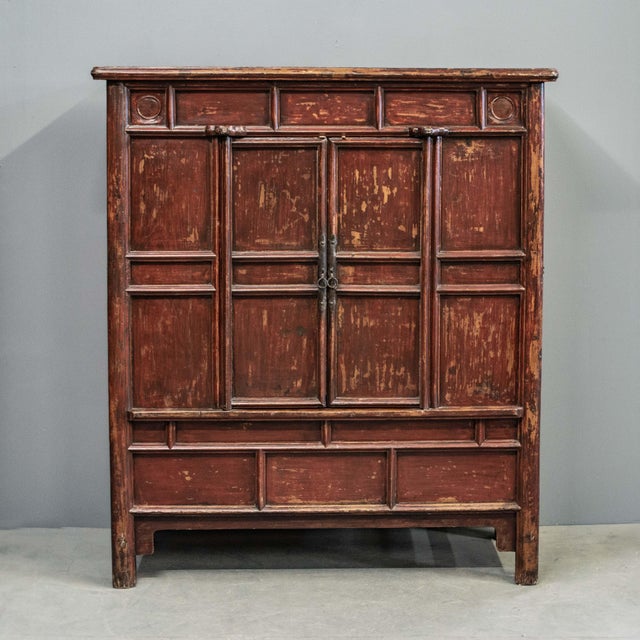 Chinese Antique Chinese Red Lacquer 2 Door Wine Cabinet For Sale - Image 3 of 10