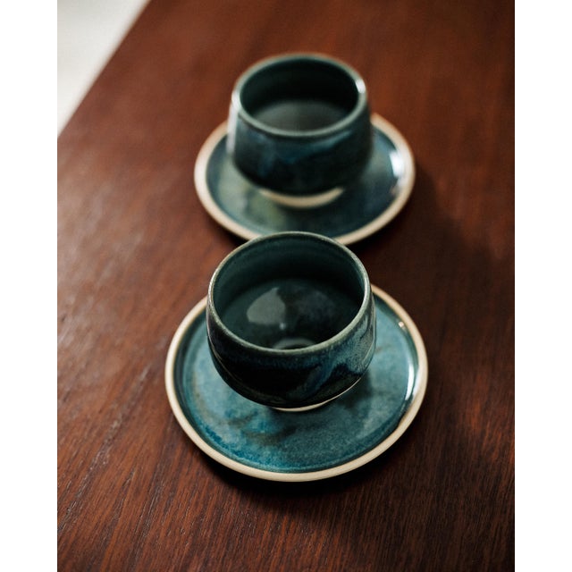 Mid-Century Modern Ceramic Cups and Saucers from Holicska Szilvia, 2010s, Set of 4 For Sale - Image 3 of 5